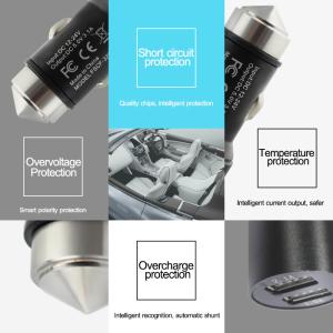 Multifunctional Dual 1.0A and 2.1A smart car usb charger with safety hammer function