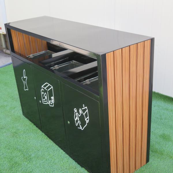 3 Compartment Recycling Bin Pation Furniture Outdoor Metal Wood Waste bin Supplier Steel Trash Can Wholesale