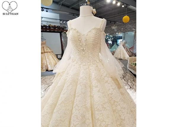 Luxury Champagne Ladies Bridal Gown , Tulle Lantern Long Sleeve Bridal Dresses