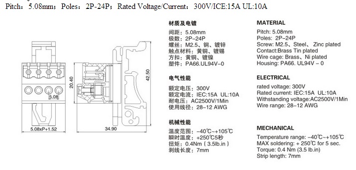 RD 2EDGUVK 5.08MM 2P-24P 300V 15A green color brass terminal block use in DIN rail