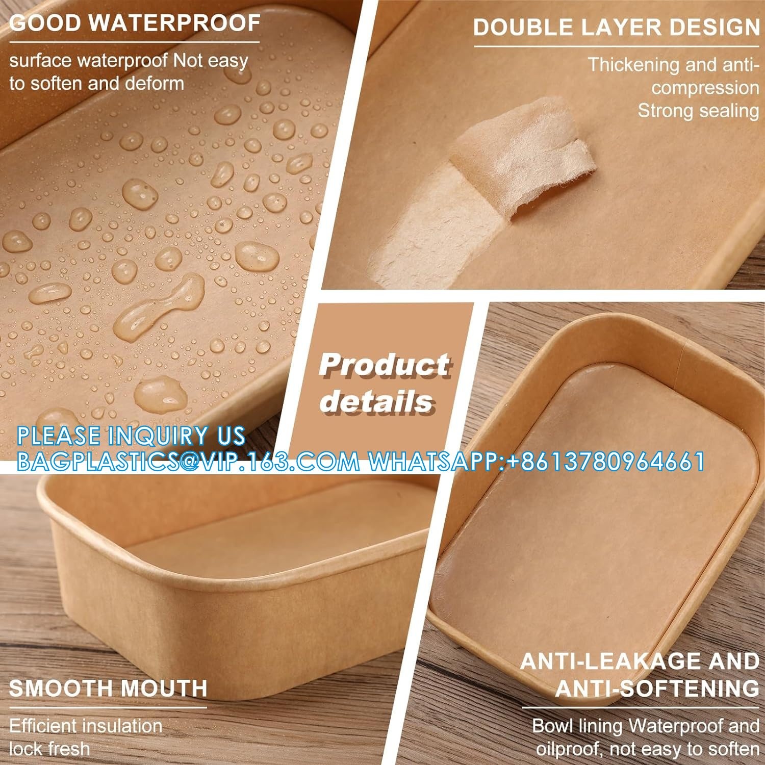 Biodegradable Rectangle Kraft Paper Bowl Recyclable Square Kraft Paper Disposable Salad Bowl