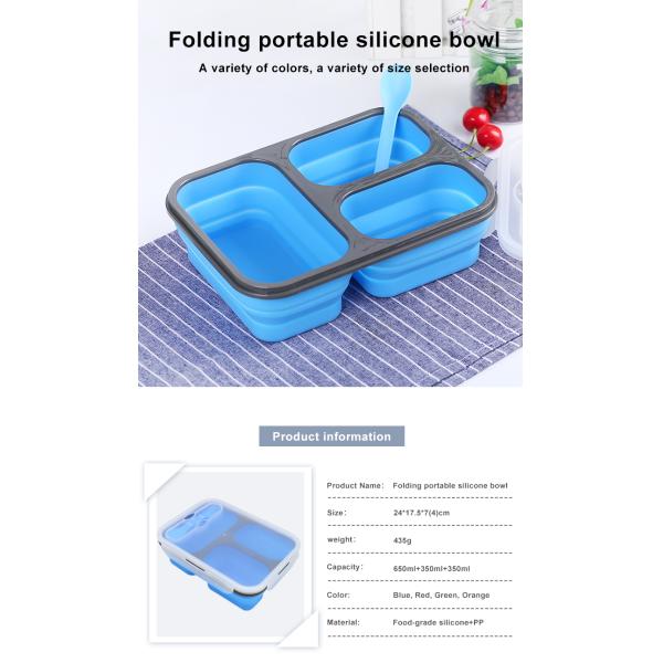 Rectangle 460g 3 Compartments Silicone Folding Lunch Box