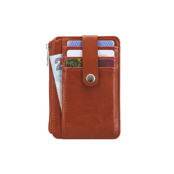 Quality Women Brown Leather Business Card Holder Debossed Logo With Zip Pocket for sale