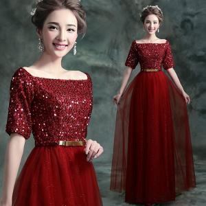 China Wine Red Half Sleeves Sequined Decoration Bow Sashes Gorgeous Evening Dress TSJY096 wholesale