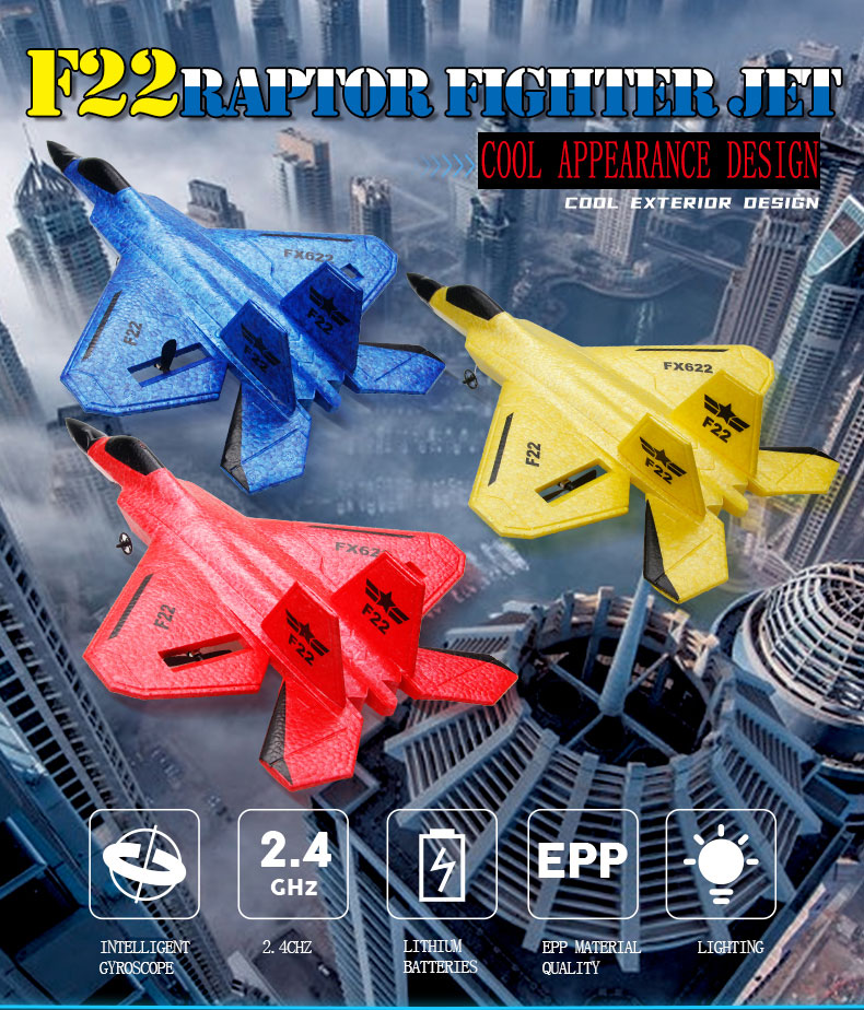 FX622 RC Plane Remote Control Aircraft F22 Model Toy Small Foam Glider With Lights Fighter for Upgrade 2.4GHz Frequency