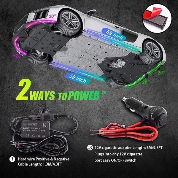 4Pcs Car Underglow Strip Lights 12V RGBIC Multi Color DIY Sound Active Function Music Mode with APP Control and Remote
