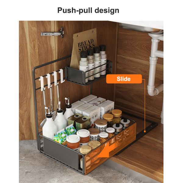 New C Metal Double-layer Home Multifunctional Storage Organizer Bathroom Storage Rack Drawdown Rack for Sink Cabinet