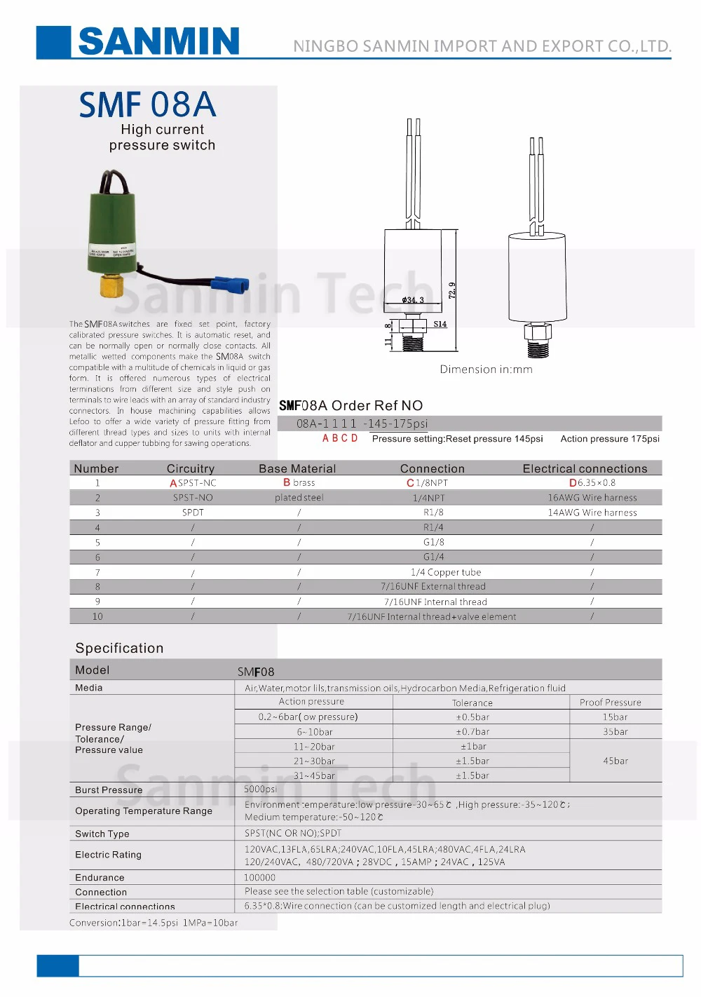 SMF08A 1/8 1/4 High Current Pressure Switch Fixed Set Point Automatic Reset Air Water Pressure Switch NBSANMINSE