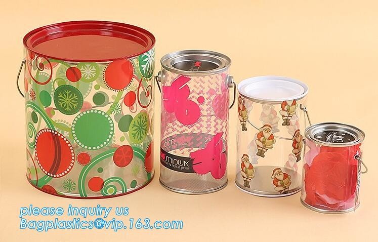 clear PVC PET can for food canning,Customized round clear paint can with tin lid,paint can with tin top & bottom and han