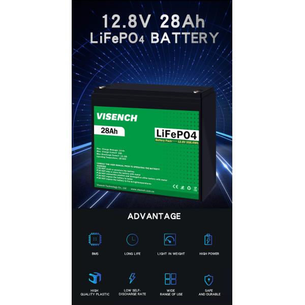 Visench 12.8V Lifepo4 Battery 12V 28Ah Lithium Iron Battery Pack Deep Cycle Times