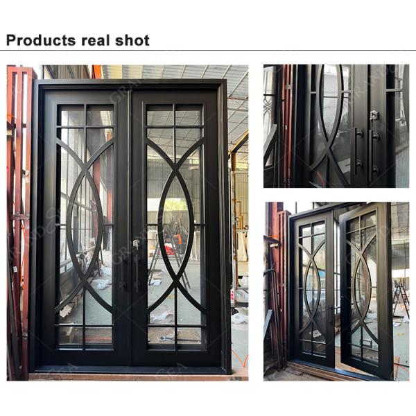 China Patio Single Pocket Double Door Main House Entry Entrance Wrought Iron Door with Elegant Decorative Design