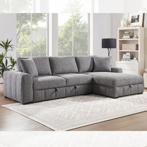 Big L-Shaped Sectional Sleeper Sofa with Pull-Out Bed and Storage Chaise, Gray Fabric