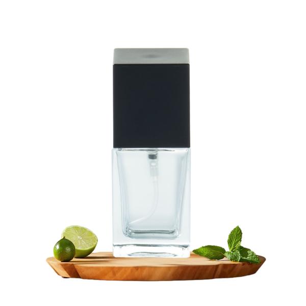 Quality 30ml Square Foundation Bottle Empty Clear Glass With Black Plastic Cap for sale