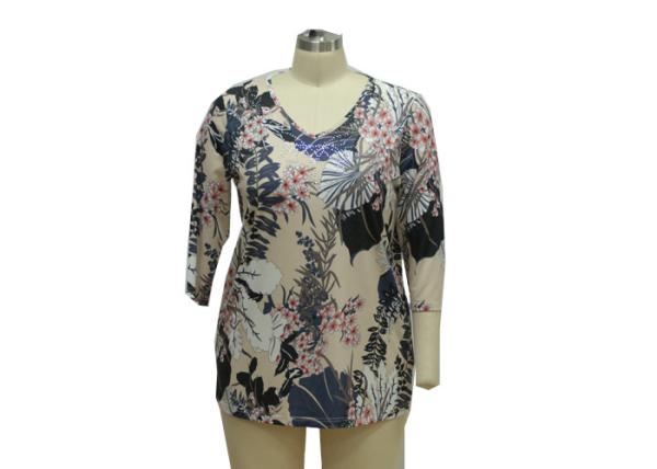 Quality Ladis Shirt Little V-Neckline Shiny Reinstone Decoration 3/4 Sleeves Digital Printing Ladies Fashion Shirt for sale