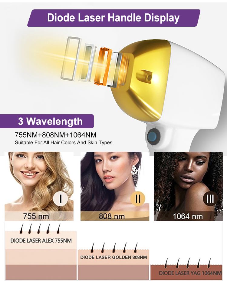 Vertical Professional Painless Lazer 3 Wavelength 755 808 1064 nm Diode Laser Hair Removal Machine