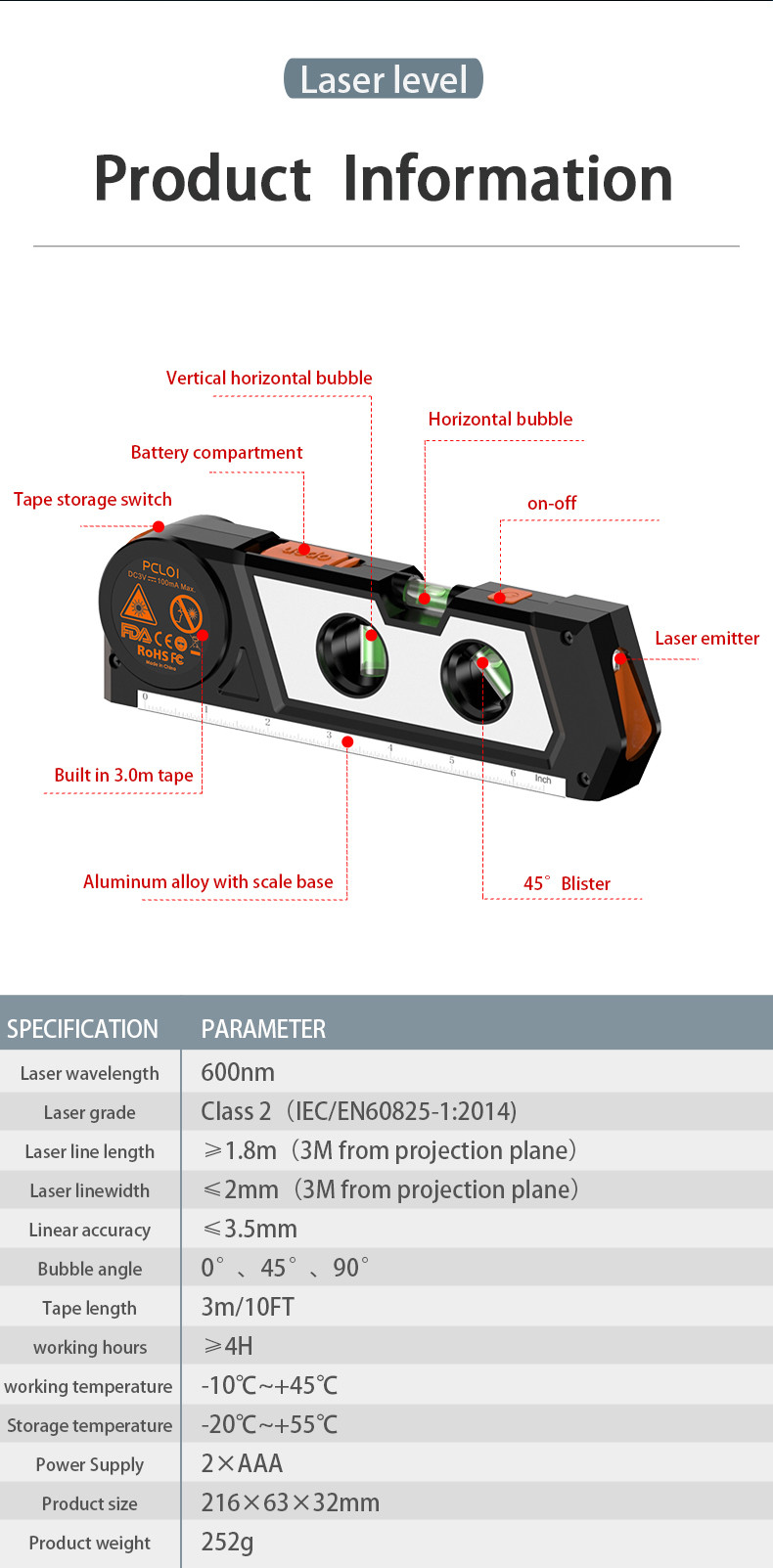 Laser Level Meter Tape Measure Straightedge Bubble Meter with Three different angles