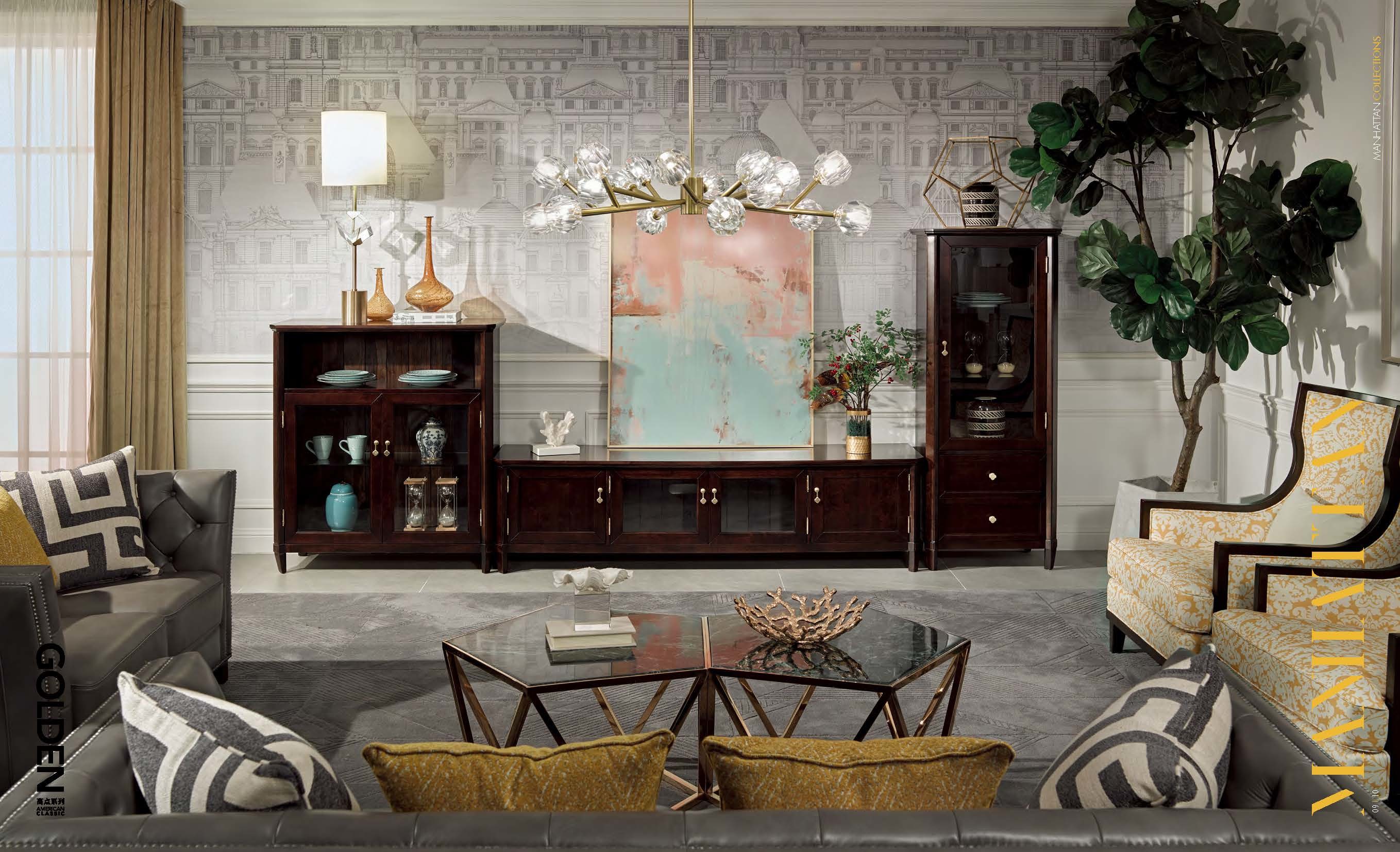 Luxury villa house furniture of Living room leather sofa set made by Maple wood structure with coffee table