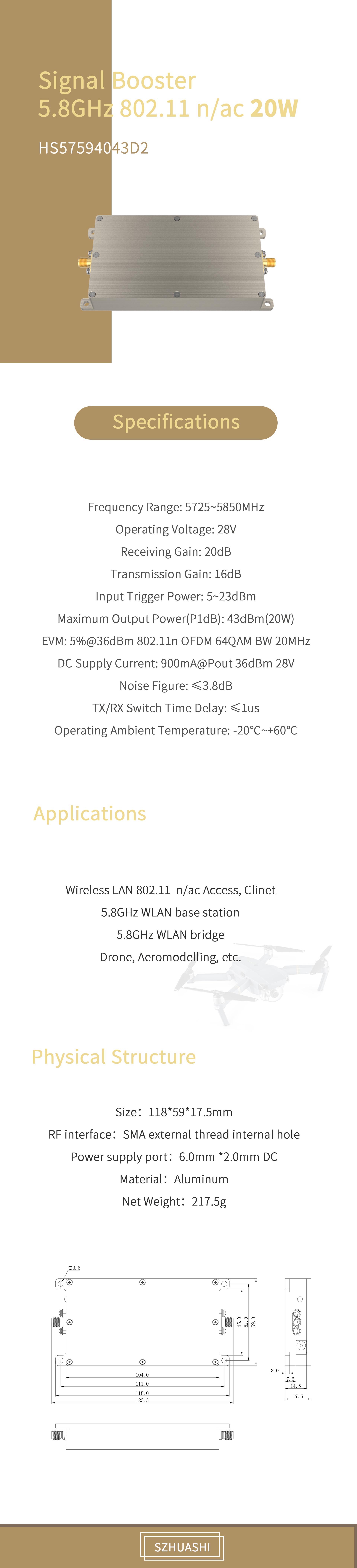 20W 5725-5850MHz Wifi Signal Booster for Wireless LAN 802.11 n/ac 5.8G WLAN Bridge
