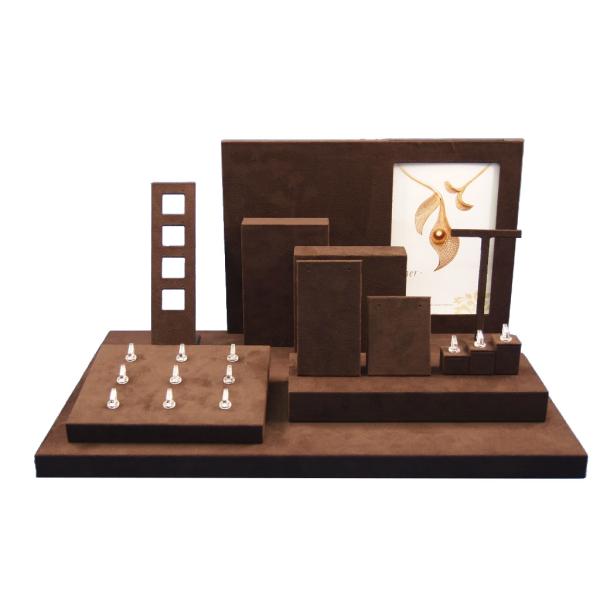 Custom Handmade Brown Leatherette Jewelry Display Set MDF Jewellery Showcase Stand