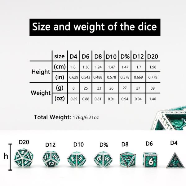 Green DND Dragon and Dungeon Metal Dice Set Customized Personalized Rune Dice Set