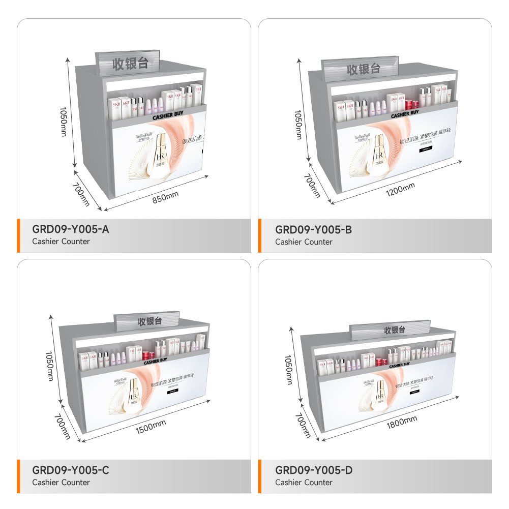 Retail Display Counter Grey Wooden Cash Register With Light Box For Retail Store Display And Compact Shop Rack