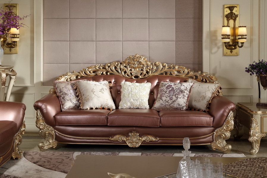 French style Luxury design of Living room Sofa sets 1+2+3 used Beech wood Carving and Import Italy Leather Furniture