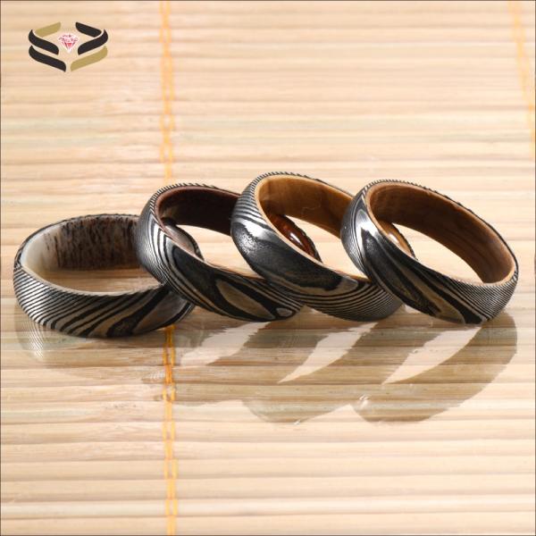 Etched Damascus Wedding Rings 6mm 8mm With Blue Purple Wood Sleeve Inlay
