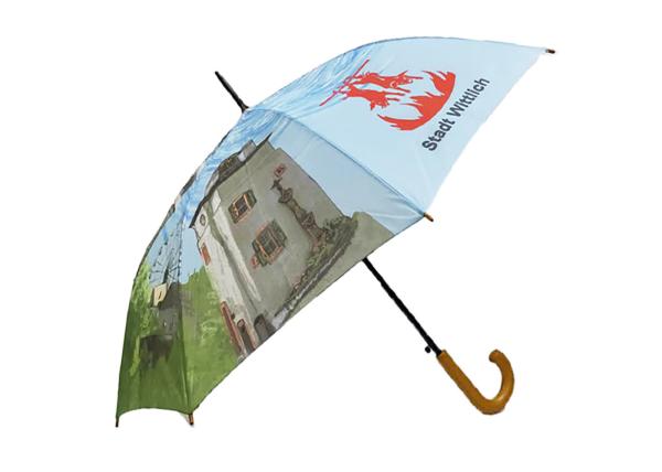 Quality Customized Printed Auto Open Stick Umbrella Curved Handle Unique Canopy for sale