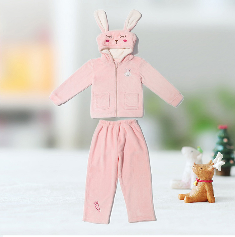 Children's Sleepwear Sets with Warm Coral Fleece Fabric and Cute Rabbit 3D Hat