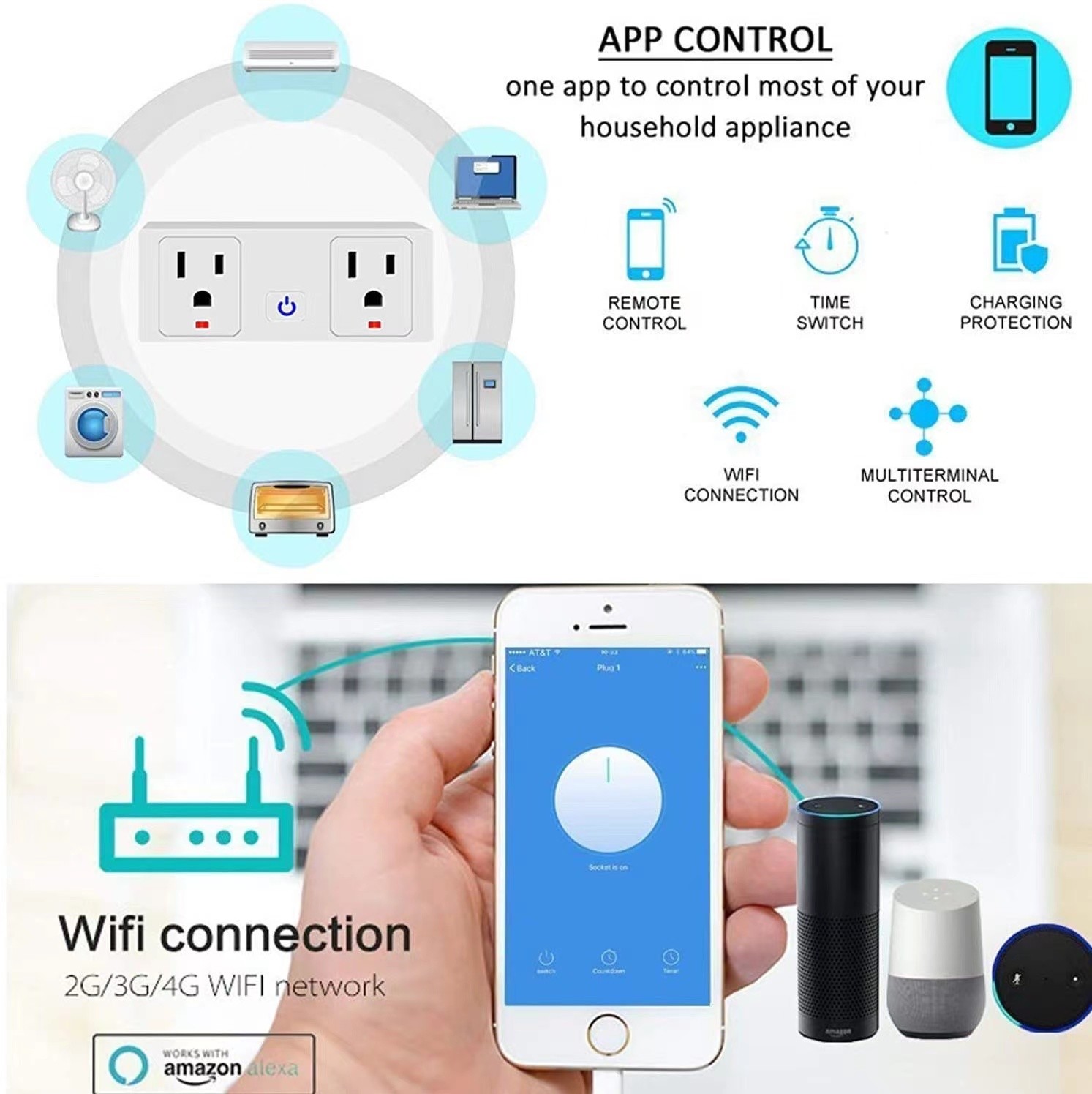 US Standard Tuya Wifi Smart Wall Plug Google Assistant Voice And Timing Control