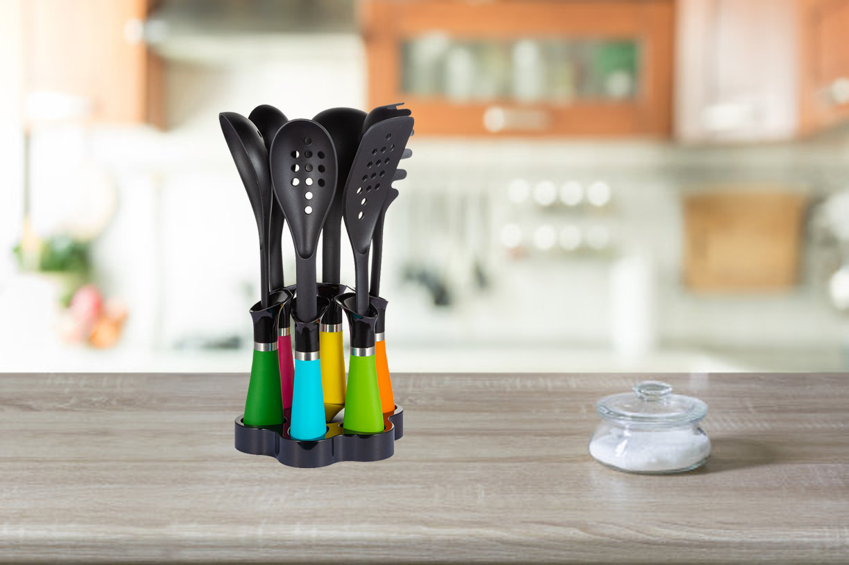 Non-stick Kitchen Utensils Set with Colorful Nylon66 Handles and Silk Printing Logo