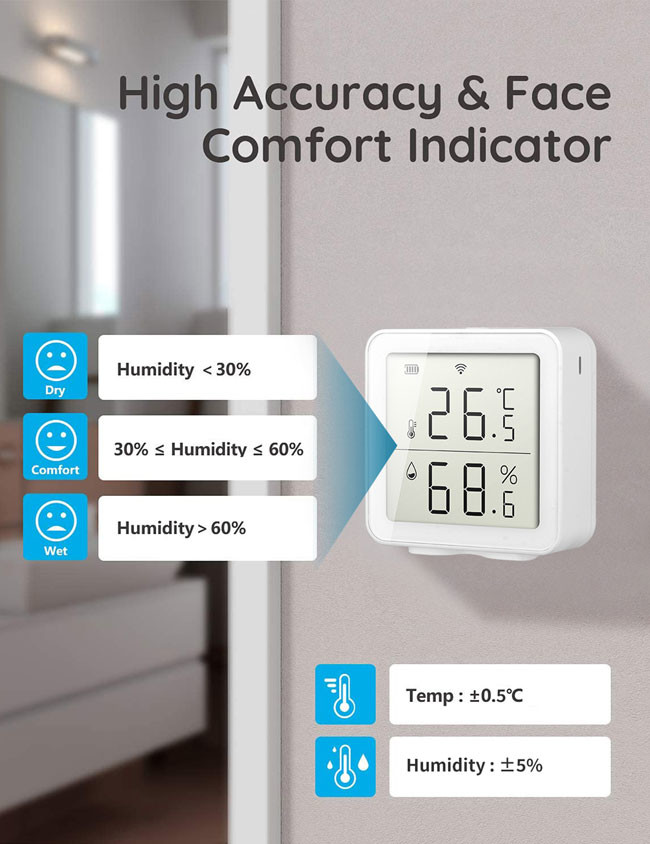 802.11 WiFi Temperature Humidity Sensor 70m Communication Range Low Power Indication