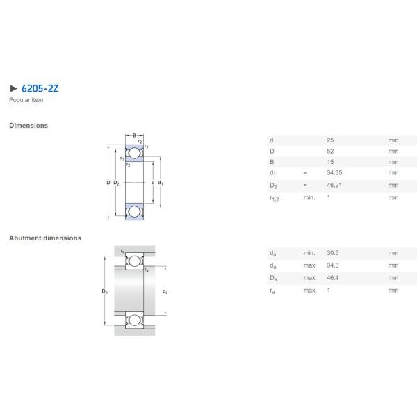 Contact Rubber Sealed Deep Groove Ball Bearing 6205DDU 25×52×15mm For Industrial Pumps