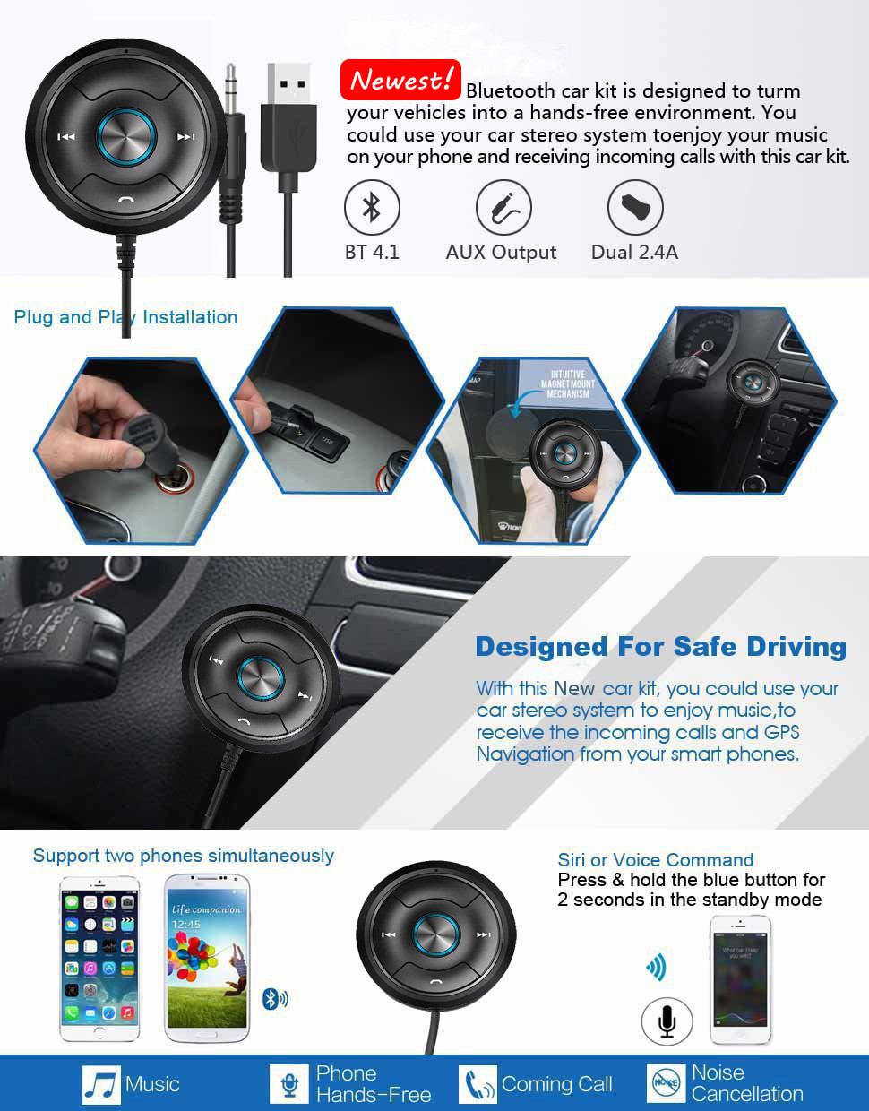 Via-Link Bluetooth Car Kit Hands-Free Wireless Talking & Music Streaming Receiver with Dual Port USB Car Charger
