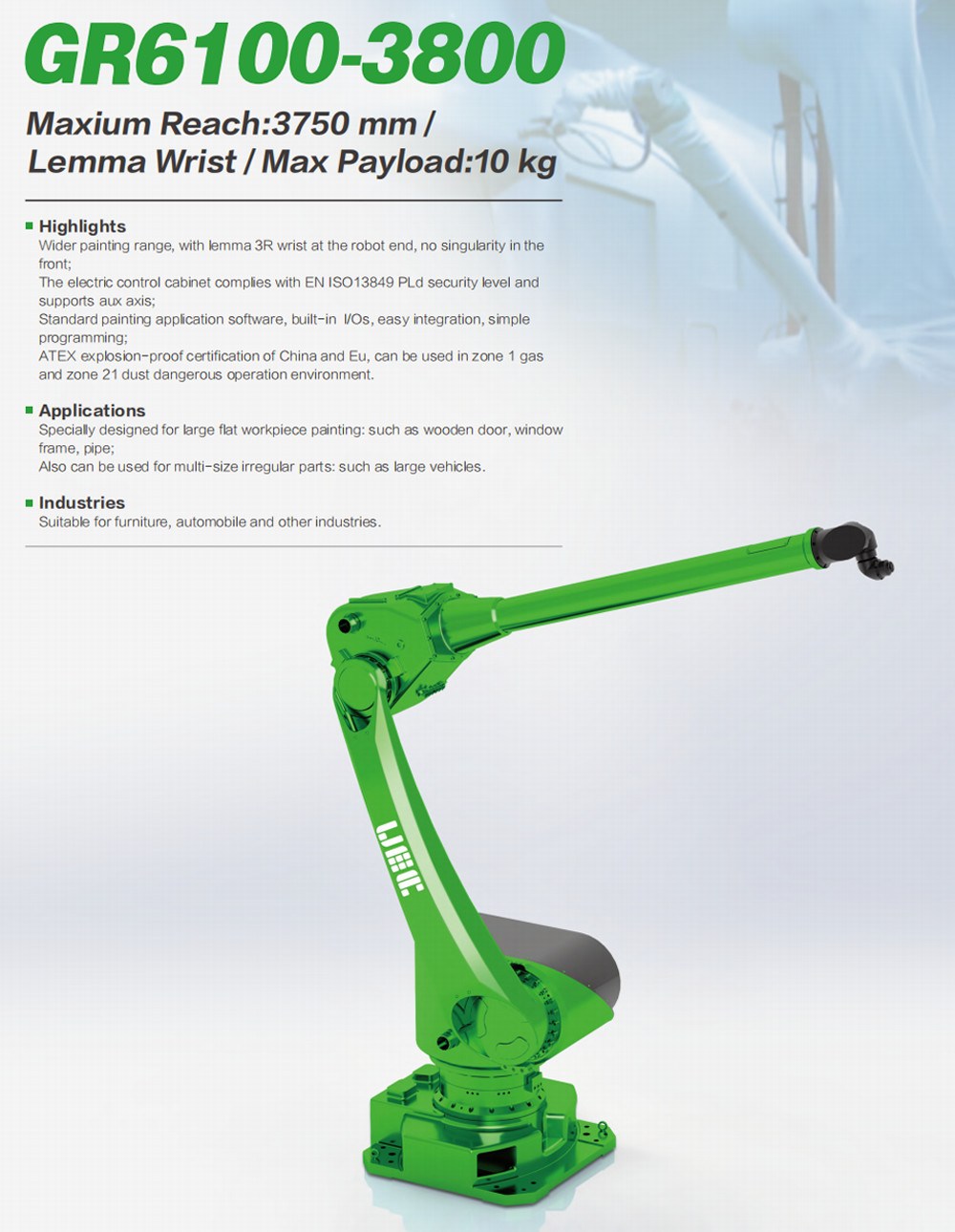 Painting Robots For Large Flat Workpiece In Furniture And Automobile Industries GR6100-3800 Payload 10kg Reach 3750mm