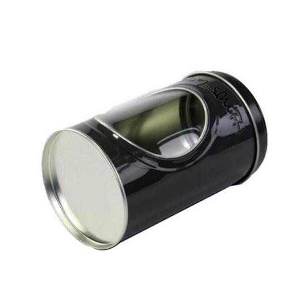 Embossed Black Tins Round Tin Box with Clear Window on Body Decorative Tin Container