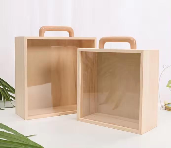 Toy Figure Display Box Wood Craft Shadow Boxes Transparent Acrylic Sliding Lid Wooden Gift Boxes with Clear Lid