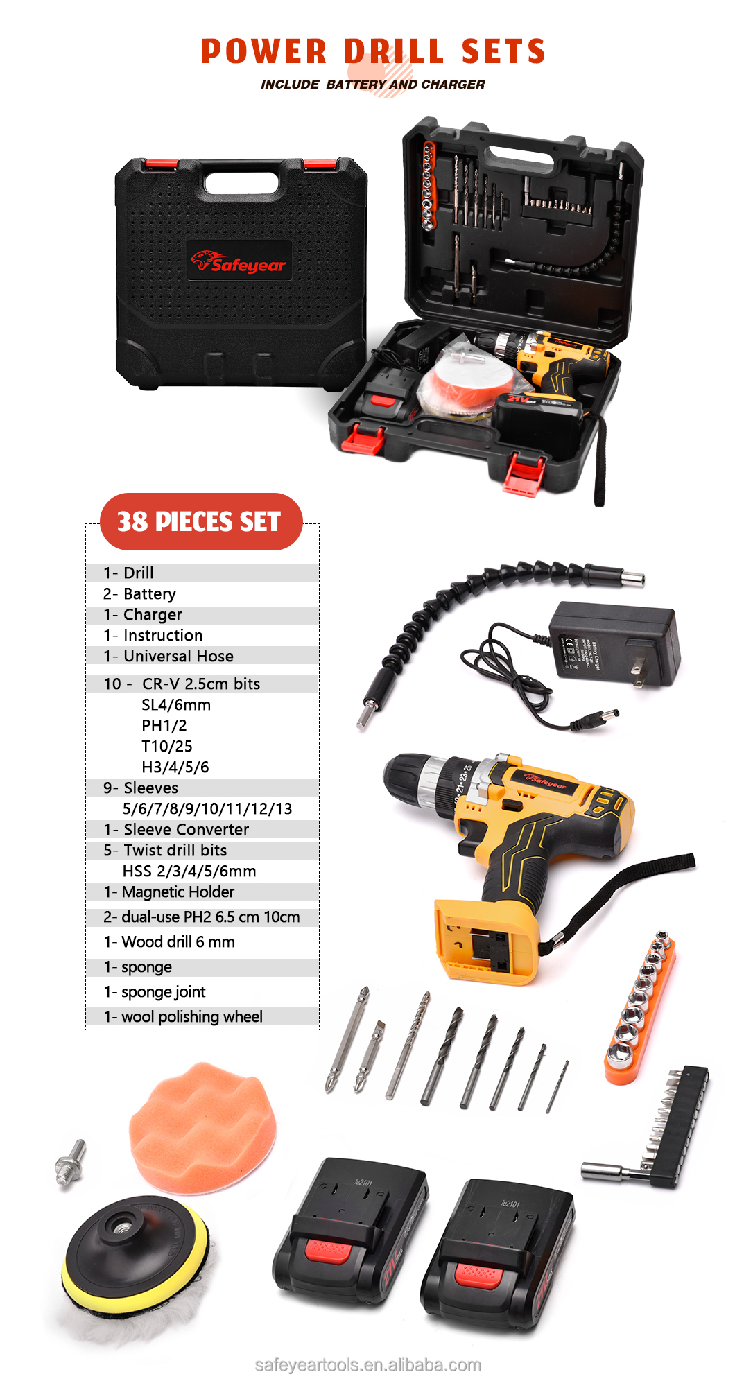 3/8" Cordless Power Drill Tools 21V Variable Speed Electric Impact Drill 1300MAH