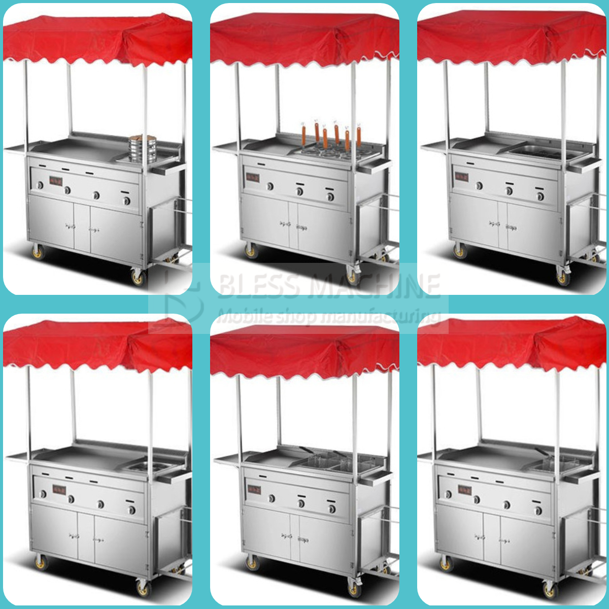 Detachable Mobile Stainless Steel Street Food Beverage Gas Trolley Handcart Cart