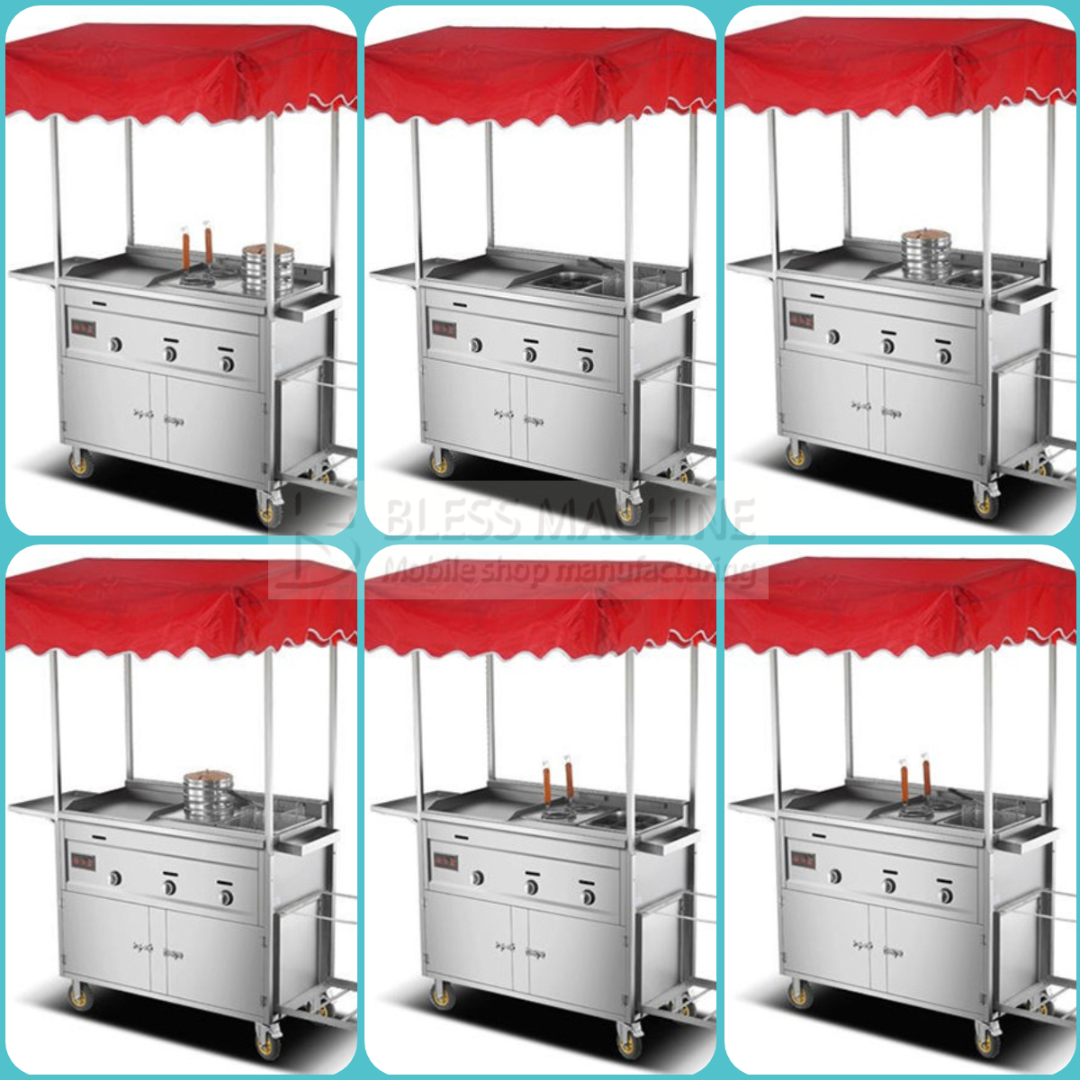 Detachable Mobile Stainless Steel Street Food Beverage Gas Trolley Handcart Cart