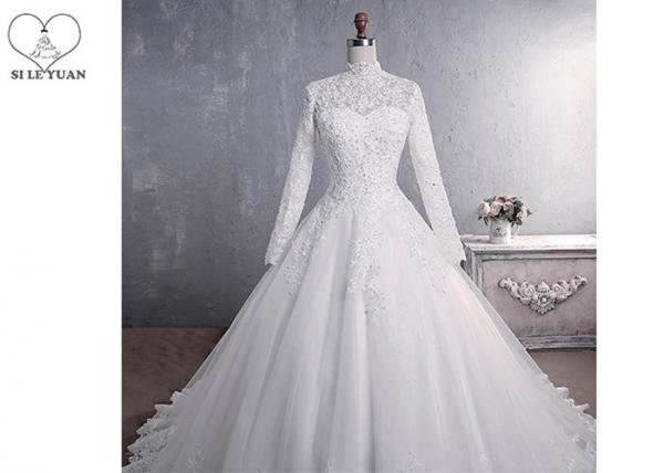 Pure White High Collar Beading Long Tail Bridal Gown / Long Sleeve Bridal Dresses