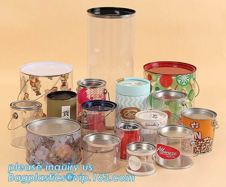 clear PVC PET can for food canning,Customized round clear paint can with tin lid,paint can with tin top & bottom and han