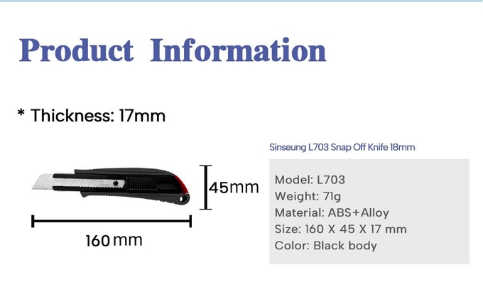 SINSEUNG L703 Black 18mm Utility Knives With Auto Lock And Anti-Slip Design