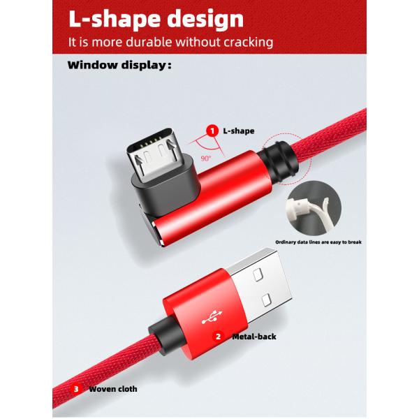 3A Micro USB Data Transfer Cable 90 Degree 3ft Micro USB Cable