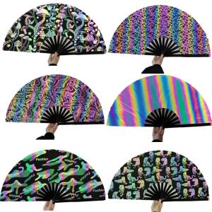 China Reflective Iridescent Mushroom Bamboo Fabric Customized Hand Fan Foldable 33cm wholesale