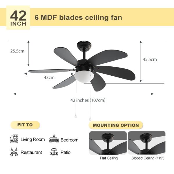 Wall Control 42 Inch LED Ceiling Fan With 6 Black MDF Blades Pull Chain Style AC Motor