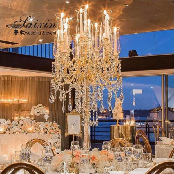New hot style for wedding centerpiece crystal gold candelabra table decor chandeliers candle holder with support