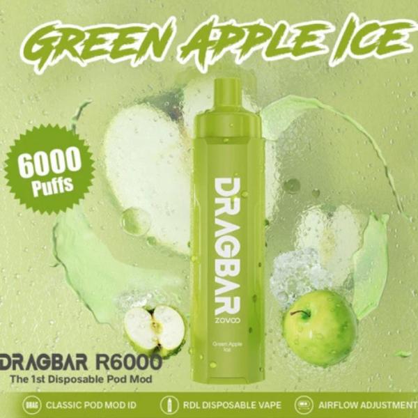 Quality Green Apple flavor Zovoo Dragbar R6000 6000 puffs Disposal Vape with Rechargeable battery for sale