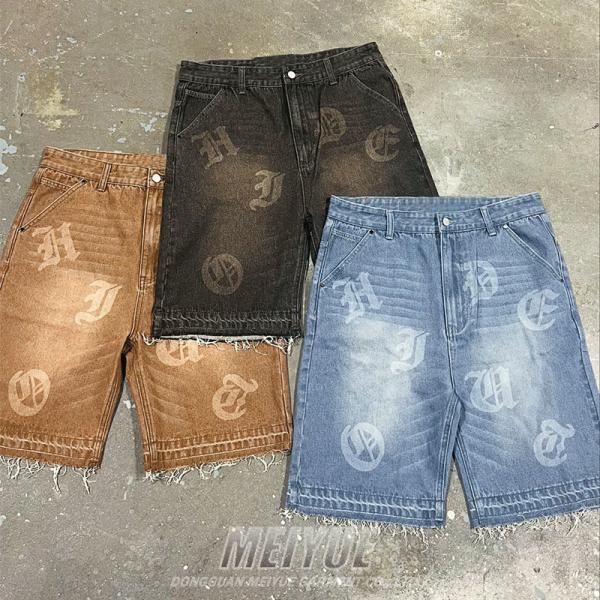 Quality Custom Denim Print Logo Streetwear Raw Hem Cut Edge Jorts Jogger Sweat Cotton Fleece Distressed Streetwear Acid Wash Shorts for sale