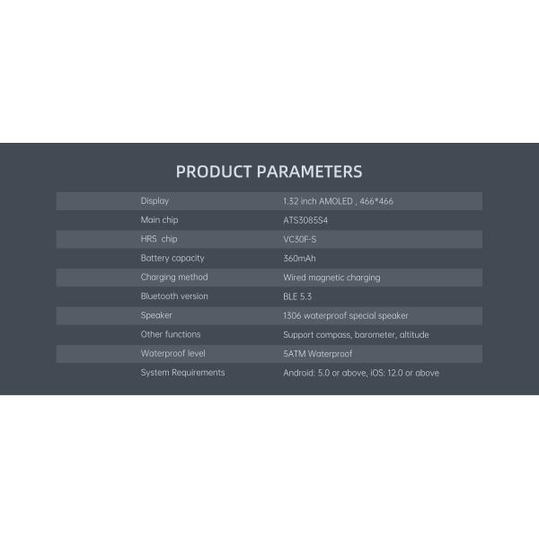 Smart Watch 5ATM Waterproof GPS Built-in Dual-band GNSS 466*466 Compass Military Bluetooth call